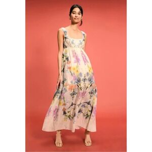 Marchesa Rosa Floral Print Ramie Maxi Dress Beige Sleeveless Tiered Sz 8